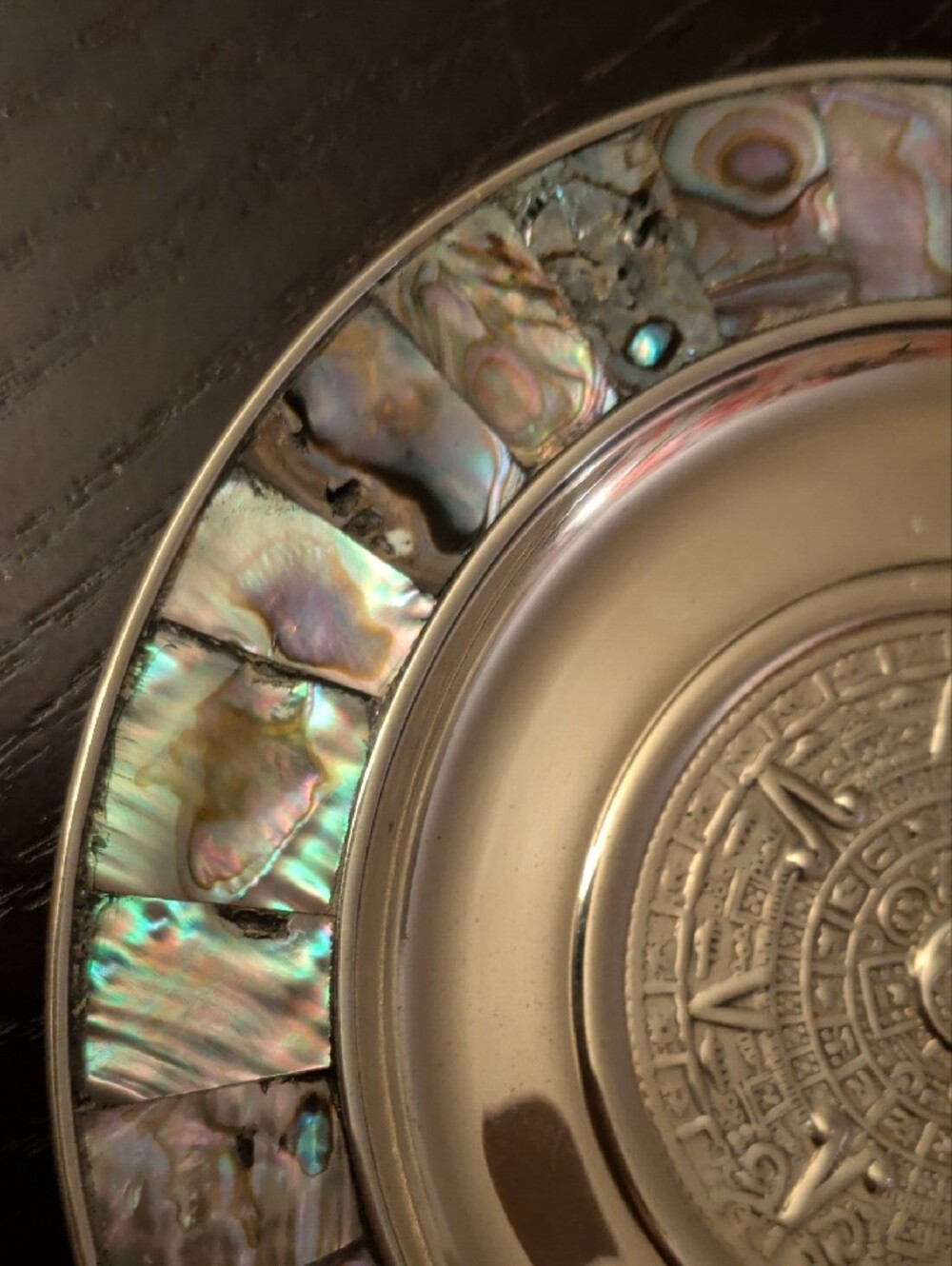 Vintage Mexico Alpaca Silver Gold Wash Abalone Aztec Mayan Calendar Design Cente